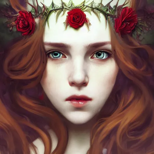 Prompt: portrait of beautiful vampire, flower crown, thorn everywhere, headshot, pale skin, 4k, rule of thirds, extreme detail, detailed drawing, trending artstation, hd, fantasy, D&D, realistic lighting, by Alphonse Mucha, Greg Rutkowski, sharp focus, backlit, bright red hair