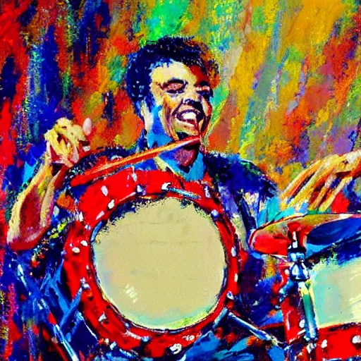 Image similar to painting of neal peart playing a drum solo, by leroy neiman, hd, detailed, award winning