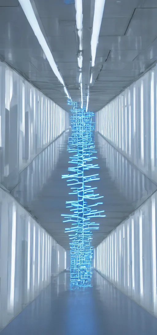 Prompt: an infinite white hallway with white pipes and blue screens on its walls