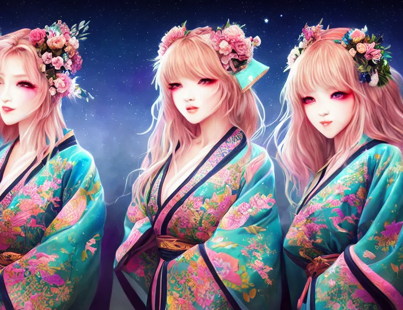 Image similar to two beautiful alluring siberian girls wear fantasy kimono in festival | | sunny night, full moon, dreamlike art, realistic shaded, smile, good looking, hyper details, 4 k realistic, cryengine, realistic shaded lighting poster by artgerm, ross tran, fuji choko, 8 k resolution, trending on artstation, luxury