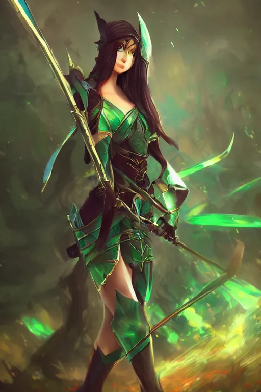 Image similar to anime elven heroine, knight, green screen background, by WLOP