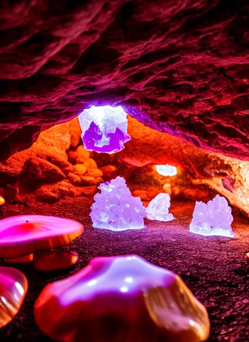 Image similar to photo of cave with giant crystals glowing and giant red mushrooms, realistic, sharp focus, 8 k high definition, insanely detailed, intricate, elegant