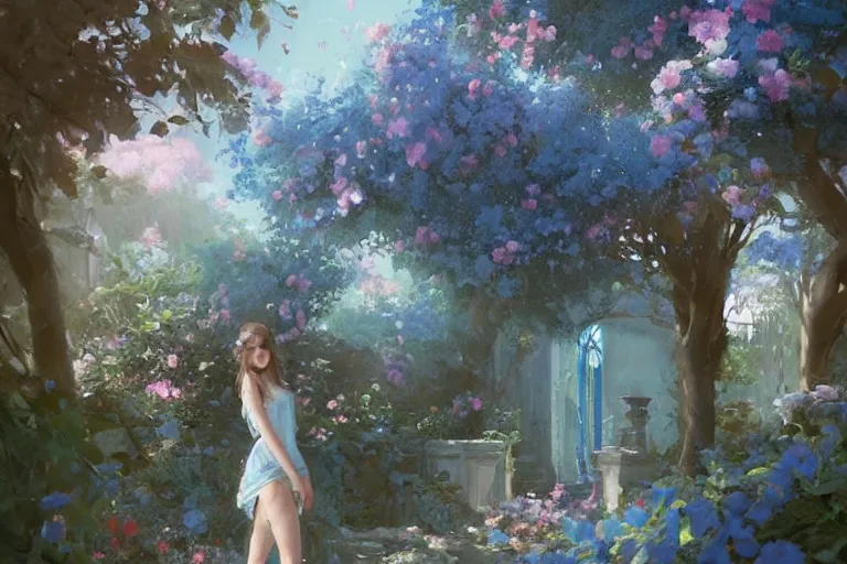 Image similar to a beautiful painting of blue roses garden, girl, by greg rutkowski, trending on artstation