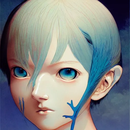 Image similar to prompt : ivory and blue portrait soft light painted by james jean and katsuhiro otomo and erik jones, inspired by evangeleon anime, smooth face feature, intricate oil painting, high detail illustration, sharp high detail, manga and anime 1 9 9 9