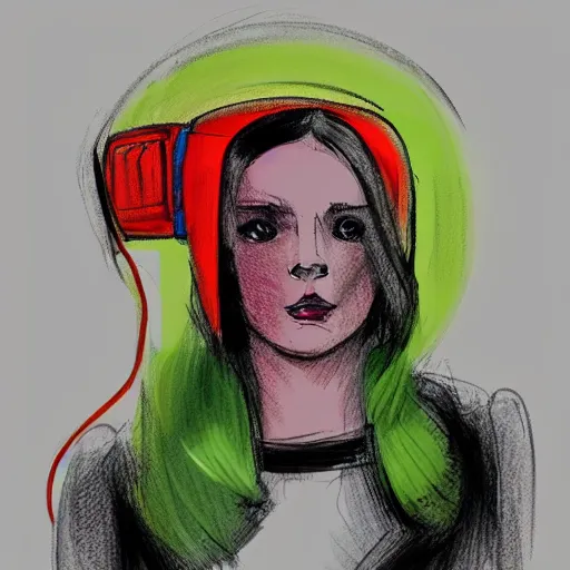 Prompt: color sketch of a woman wearing a TV over her head, trending on artstation