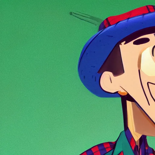 Prompt: extremely detailed illustration of a thin guy with a big nose and an overbite wearing a brown beret and a palid green plaid shirt stand up participating on a tv show, coloful, vibrant colors, symmetrical, anatomically correct, Trending on Artstation, HQ, deviantart, hdr, volumetric lighting, high details, SSS, pixar style