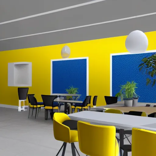 Prompt: interior design of a co - working space, yellow and blue color scheme, photorealist, 8 k