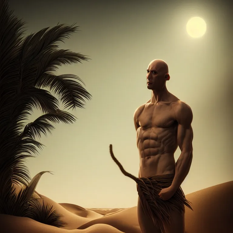 Prompt: tropical plant, young bald muscle white man in white desert at night, dune, dark baroque portrait painting, beautiful detailed intricate insanely detailed octane render trending on Artstation, 8K artistic photography, photorealistic, chiaroscuro, Raphael, Caravaggio