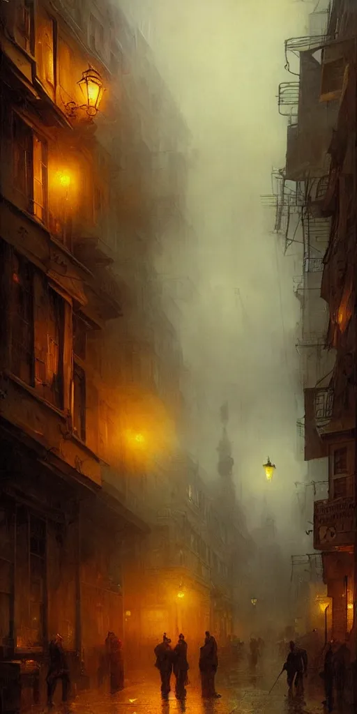 Image similar to a street of a city in 1 9 4 0 with yellow light on from the windows during the night, a men stand up under a light, steam punk, mystical red fog, oil on canvas, art by andreas achenbach, clemens ascher, tom bagshaw and sabbas apterus,