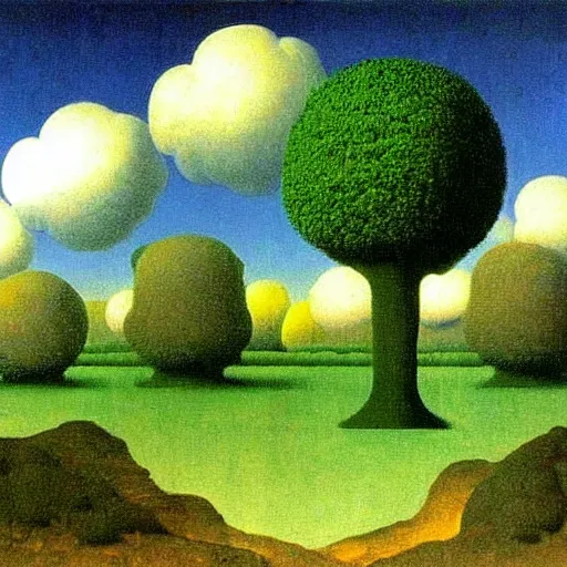 Image similar to painting of a lush natural scene on an alien planet by rene magritte. beautiful landscape. weird vegetation. cliffs and water.