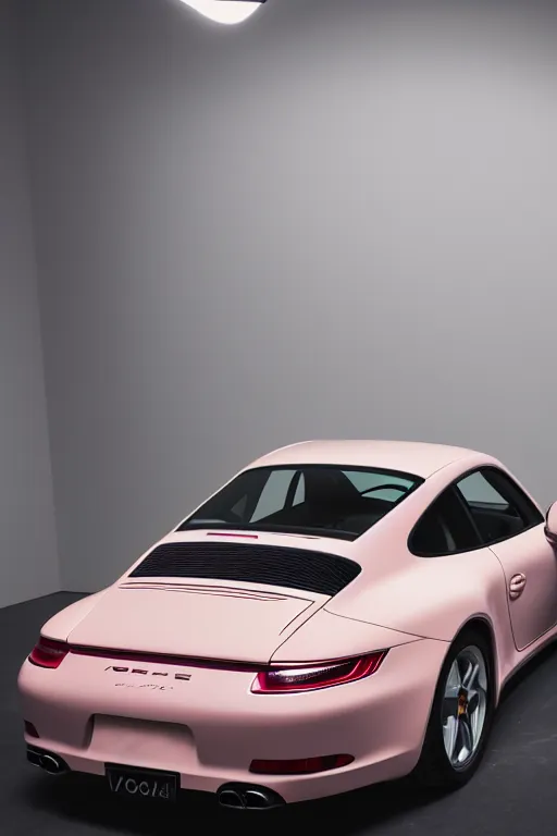 Image similar to Portrait of a light pink Porsche 911 Carrera 3.2 under a studio lamp in a dark room, photoshoot for vogue magazine.