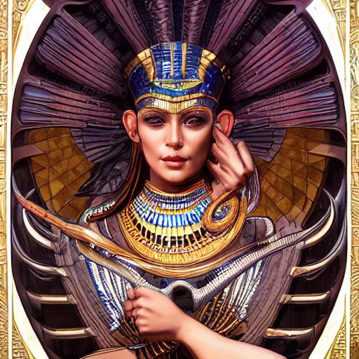 Image similar to Egyptian god Isis, hyperdetailed, artstation, cgsociety, fantasy, intricate, elegant, highly detailed, digital painting, artstation, concept art, smooth, sharp focus, illustration, art by artgerm and H R Giger and alphonse mucha