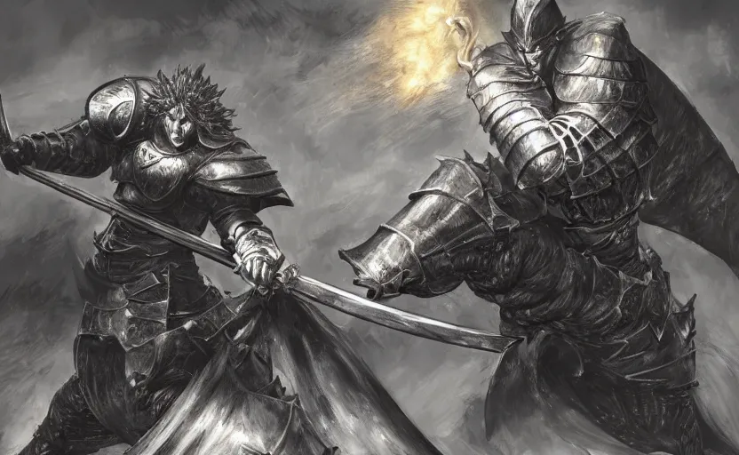 Prompt: a knight with a large sword, advanced lighting technology, digital painting masterpiece by kentaro miura and frank frazetta, hyper detailed, realism, gorgeous, beautiful, 4 k manga wallpaper, inspired by berserk, elden ring concept art