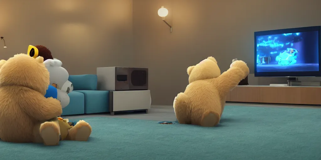 Image similar to two fluffy bears playing nintendo with tv from 1 9 7 0, octane render, 8 k resolution, cinematic