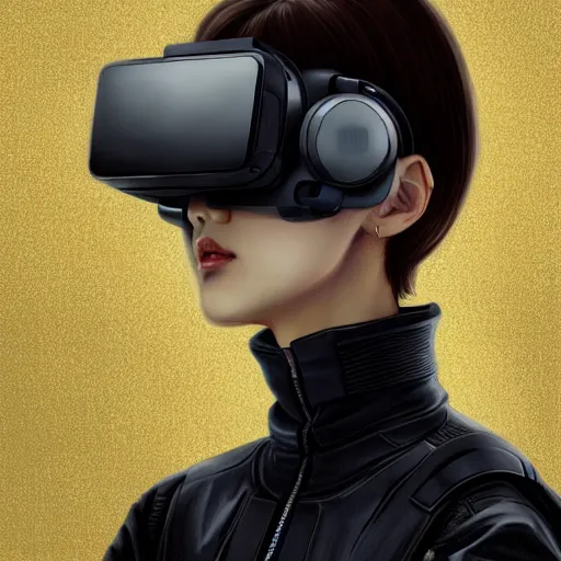 Image similar to full body long shot Korean female wearing Cuberpunk 2077 Techwear Jacket and VR goggles, intricate, elegant, highly detailed, digital painting, artstation, concept art, smooth, sharp focus, illustration, art by artgerm and greg rutkowski and alphonse mucha