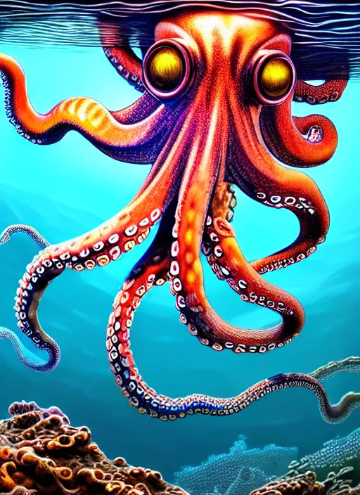 Prompt: realistic detailed image of a smart octopus lecturing a human snorkeling at night, rich deep colors. masterpiece, intricate artwork, very coherent symmetrical artwork, cinematic, hyper realism, high detail, octane render, unreal engine, 8k, Vibrant colors, Smooth gradients, High contrast, depth of field. full body character drawing, clean ink detailed line drawing, intricate detail, extremely detailed, 8k.