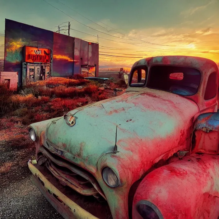 Image similar to a sunset light landscape with historical route 6 6, lots of sparkling details and sun ray ’ s, blinding backlight, smoke, volumetric lighting, colorful, octane, 3 5 mm, abandoned gas station, old rusty pickup - truck, beautiful epic colored reflections, very colorful heavenly, softlight