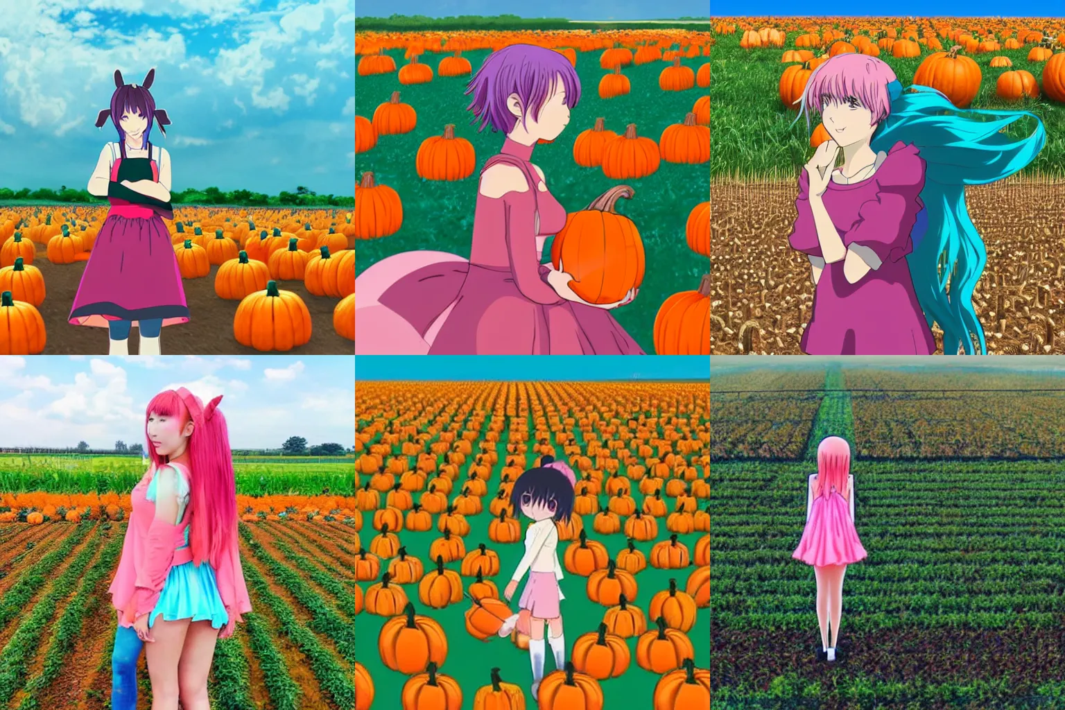 Prompt: pumpkin field with an anime girl standing in the middle with teal hair and a short dress, wearing a pink head band ghibli style