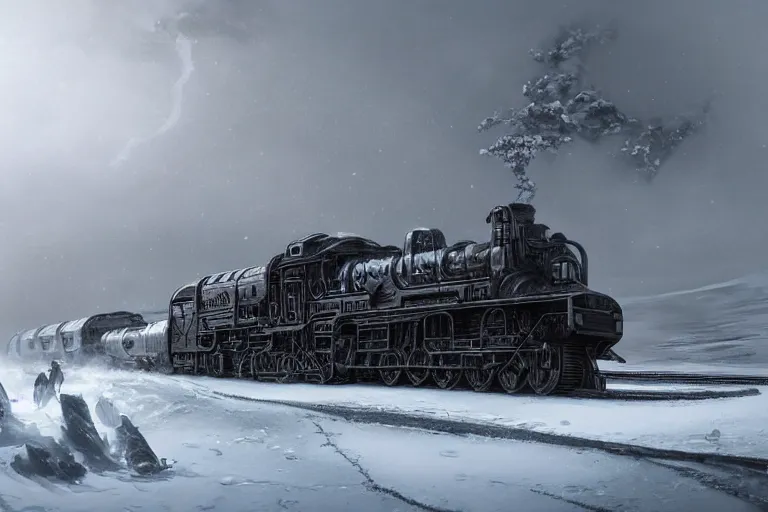 Image similar to an intricate futuristic black steam train and a giant mammoth, post - apocalyptic ice landscape in snowstorm, concept art, artstation, highly detailed, digital art