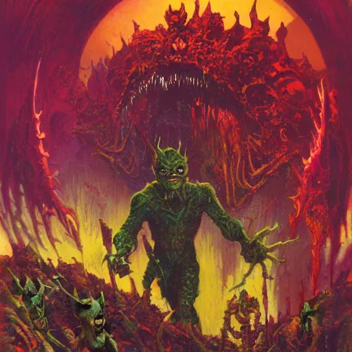 Image similar to green goblin in hell by paul lehr and moebius