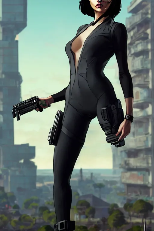 Image similar to gta character as aeon flux profile picture by greg rutkowski, dynamic pose, fortnite, flat matte painting, intricate, futuristic, fantasy, elegant, by stanley artgerm lau, greg rutkowski, thomas kindkade, alphonse mucha, loish, norman rockwell, fantasy lut, asymmetric, long hair, retro computer graphics, video game, fluid lines,