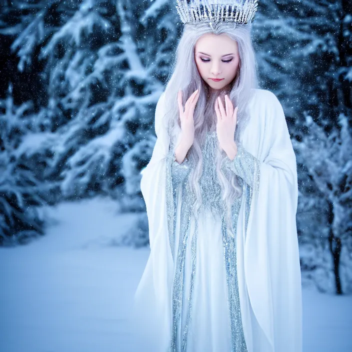 Image similar to photograph of a real-life beautiful ice queen with ornate robe and crown in an ethereal snowy landscape. Extremely detailed. 8k