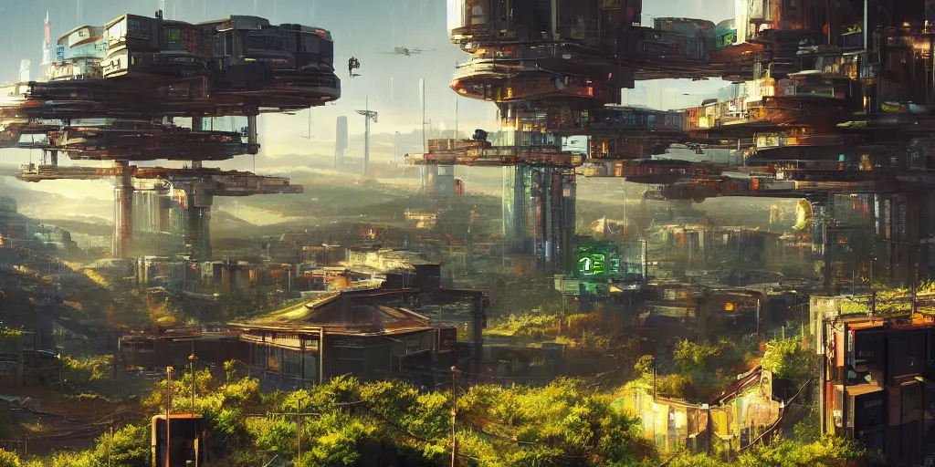 Image similar to a cinematic composition depicting : a computer run cyberpunk and solarpunk world, viewed from the cyberpunk mountain overlooking a hopeful and lush foresty solarpunk valley