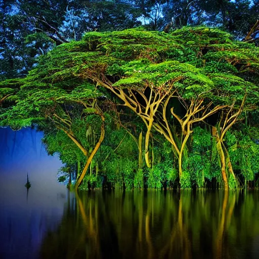 Image similar to magical trees and the amazon river in the amazon rainforest by anderson debernardi and pablo amaringo