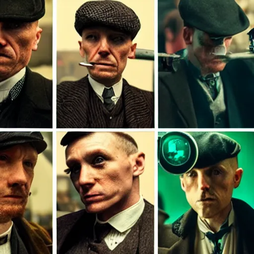 Image similar to Peaky Blinders as cyberpunk characters