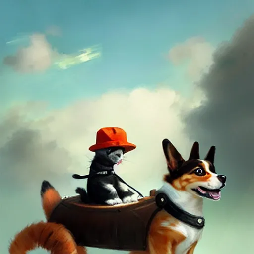 Prompt: tiny cat girl in hat riding on the back of a giant corgi by greg rutkowski
