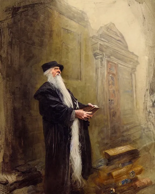 Prompt: Solomon Joseph Solomon and Richard Schmid and Jeremy Lipking victorian genre painting portrait painting of a old rugged actor wizard wearing a wizard hat and robe from the hobbit holding a book and standing in front of an ancient wooden door