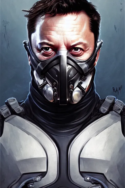 Image similar to elon musk as bane from dark knight, realistic portrait, symmetrical, highly detailed, digital painting, artstation, concept art, smooth, sharp focus, illustration, cinematic lighting, art by artgerm and greg rutkowski and alphonse mucha