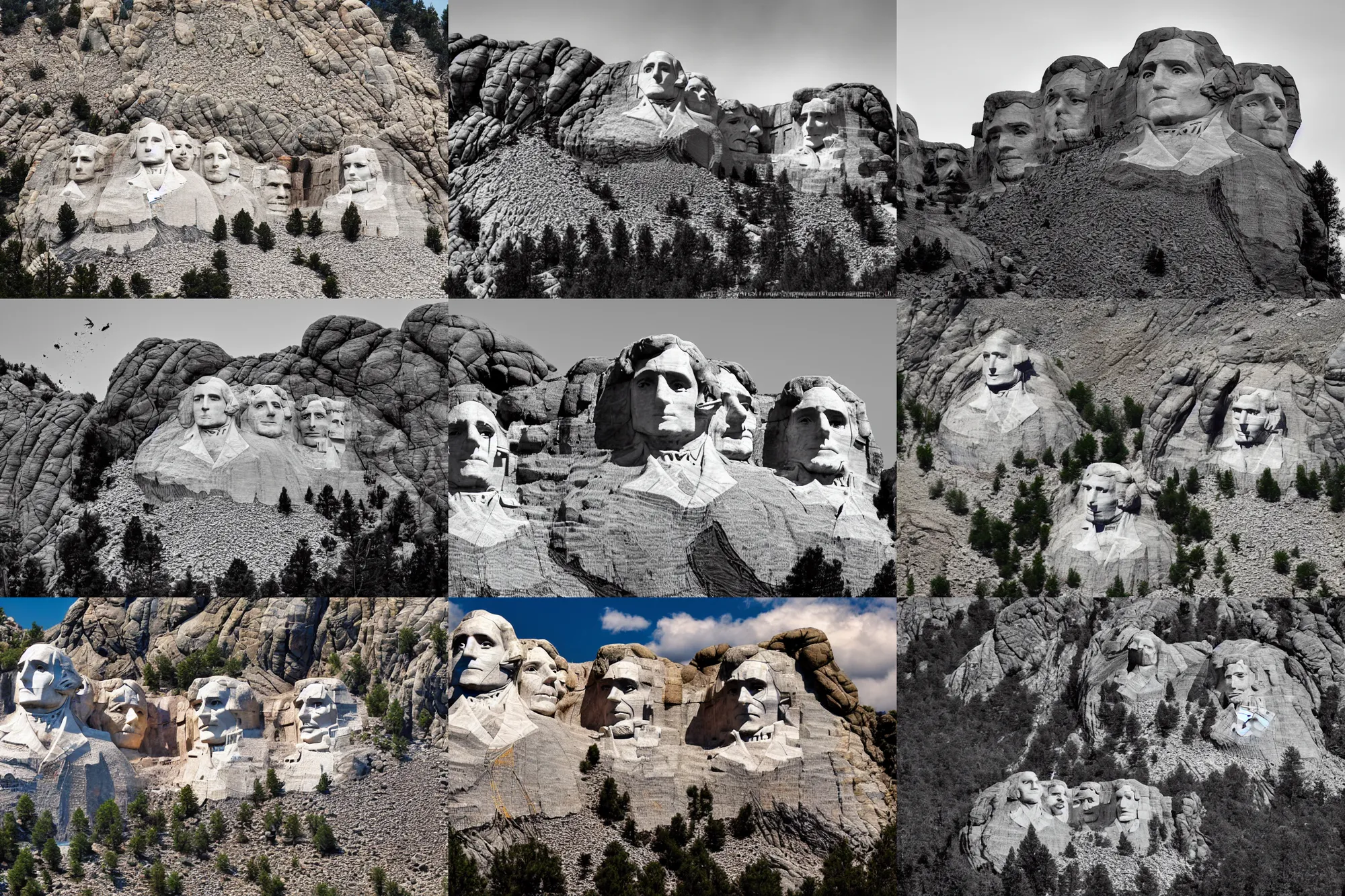 Prompt: Photograhy of the demolition of the Mount Rushmore, flying debris, destruction, detonation, implosion, Canon 5D Mark III, award winning, National Geographic, magazine