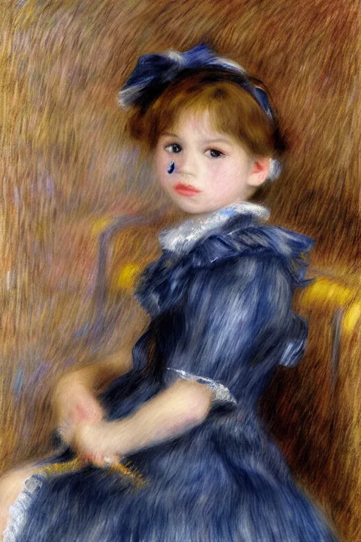 Image similar to a realistic portrait of black - haired little girl in a blue lolita dress with stars and petticoat sitting on the new york city subway by renoir, detailed eyes, 4 k resolution