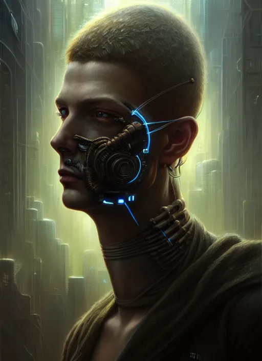 Image similar to portrait shot of a cyberpunk male in a scenic dystopian environment, intricate, elegant, highly detailed, centered, digital painting, artstation, concept art, smooth, sharp focus, illustration, artgerm, tomasz alen kopera, peter mohrbacher, donato giancola, joseph christian leyendecker, wlop, boris vallejo