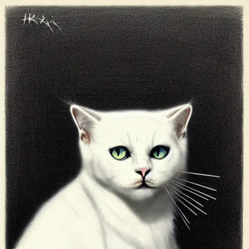 Image similar to white cat, art by hr giger!!!, gustave dore, artstation