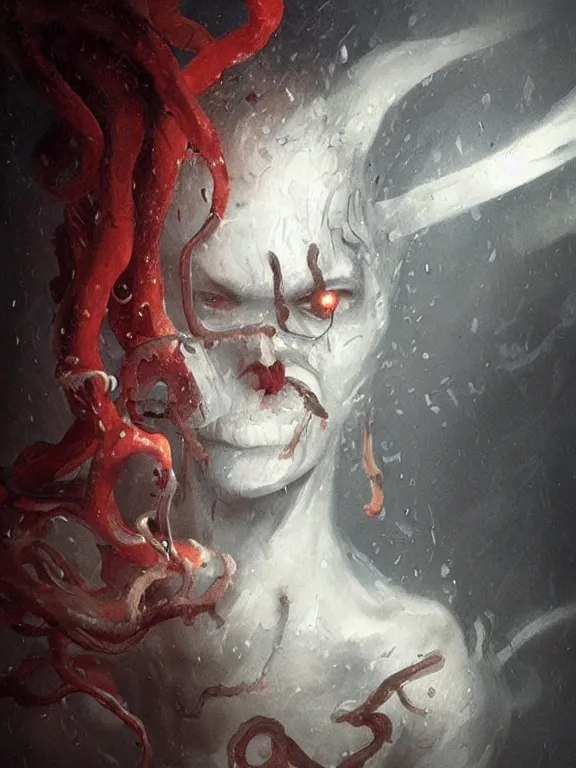 Image similar to painting by greg rutkowski a flying human head with tears running down it's face face that is chalk white in color, with long white!! tentacles!! coming out of the neck, fiery scorching red eyes, flying in a terrying hellish dark cavernous place