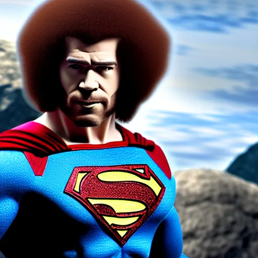 Image similar to movie scene of bob ross as superman,avengers,cinematic,hyperdetailed,photorealistoc,cinematic,professional lighting,professional compositong,8k,detailed face,muscular