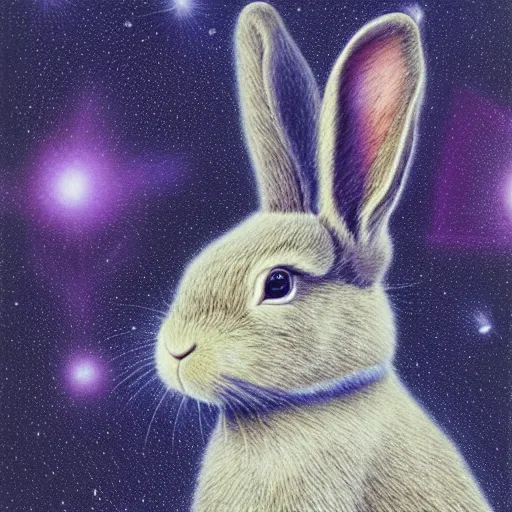 Prompt: rabbit face only, nebula space background, pencil drawing, higher detailed, realistic, pastel, by walton ford