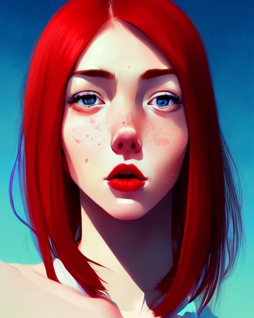 Image similar to a detailed portrait of a cute woman with red hair and freckles by ilya kuvshinov, digital art, dramatic lighting, dramatic angle