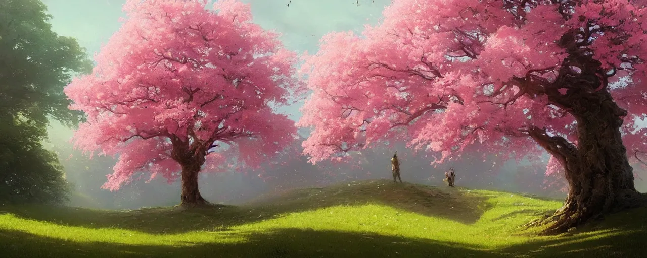 Prompt: a beautiful painting of a tree with pink flowers on a green hill by greg rutkowski and thomas kinkade, trending on artstation
