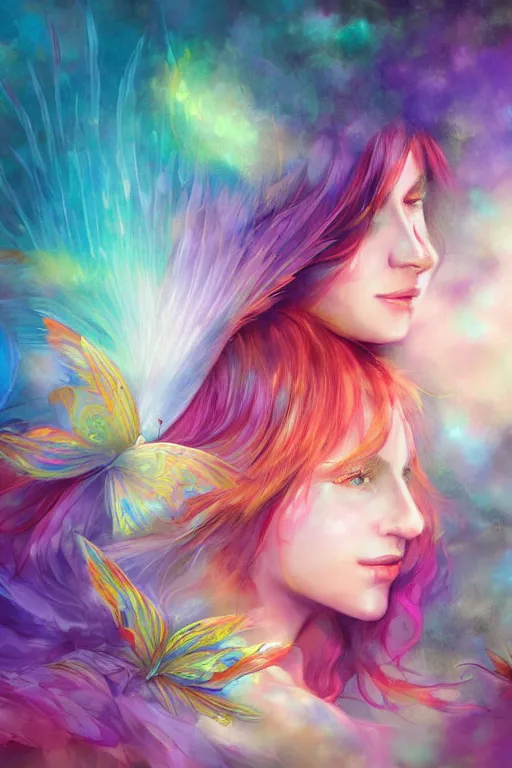 Prompt: wonderdream faeries lady feather wing digital art painting fantasy bloom vibrant keane glen apterus sabbas illustration character design concept colorful joy atmospheric lighting butterfly