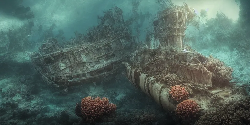 Image similar to a underwater ship ruins covered by corals, godrays, epic image, path traced, shipwreck, hyperrealistic, concept art, octane render, unreal engine 5, some fish, centered, symmetrical, low contrast, cinematic, soft lighting, high coherence, digital painting, masterpiece, digital art, serene scenery, old, elegant