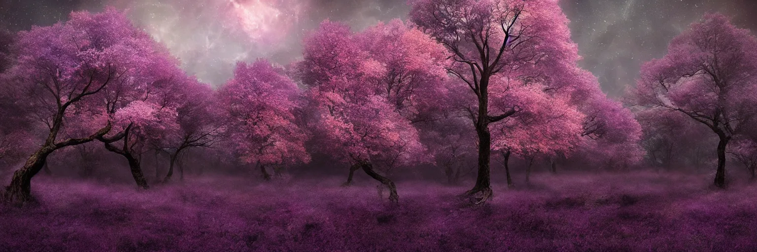 Image similar to michal karcz photo of a beautiful galaxy landscape. , purple trees, detailed, elegant, intricate, 4k,