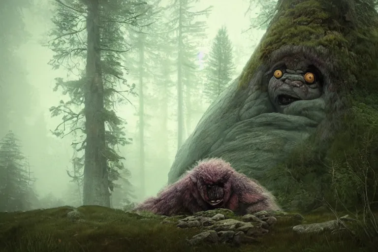 Image similar to huge mountain troll in a swedish forest, very low angle photograph, very detailed, trending on artstation, realistic, soft colors, illustration by john bauer, simon stålenhag
