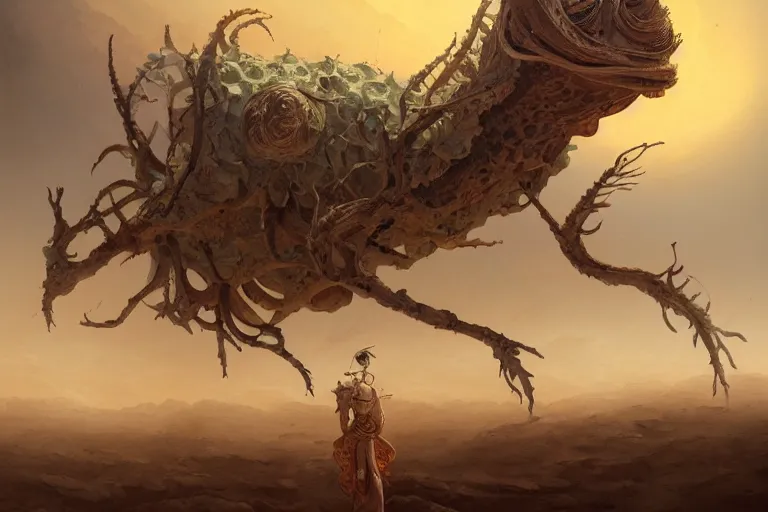 Prompt: a detailed painting of a distant alien desert rose creature by peter mohrbacher, ernst haeckel, desert mirage, flower, haboob, cinematic lighting, post apocalyptic, cgsociety.