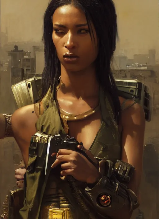 Prompt: Katana. beautiful cyberpunk soldier wearing a military vest and military jumpsuit (cyberpunk 2077). gorgeous african face. Iranian orientalist portrait by john william waterhouse and Edwin Longsden Long and Theodore Ralli and Nasreddine Dinet, oil on canvas. Cinematic, hyper realism, realistic proportions, dramatic lighting, high detail 4k