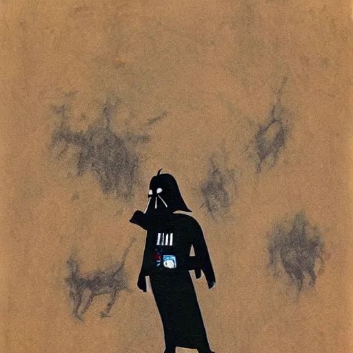 Image similar to darth vader, artwork by cave paintings, pre - historic, lascaux, primitive, cave art style