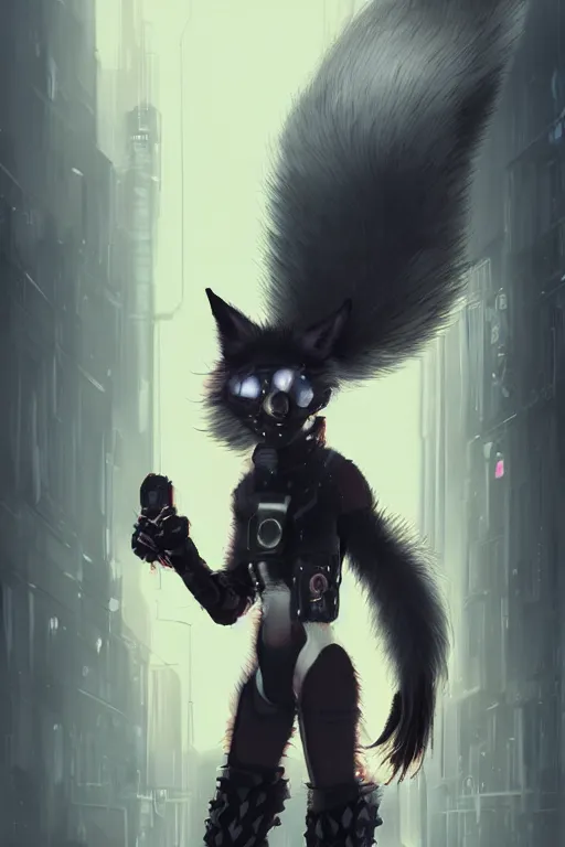 Prompt: an anthropomorphic cyberpunk fox with a fluffy tail, backlighting, trending on artstation, digital art, furry art, trending on furaffinity, fantasy art, by kawacy