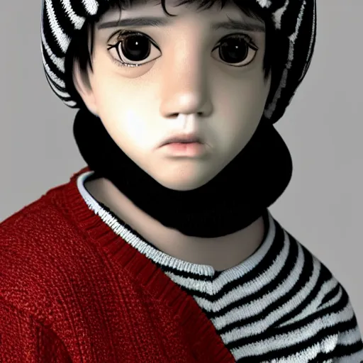 Image similar to a emo boy wearing a striped sweater and hat, a stock photo by tim biskup, featured on zbrush central, figurativism, zbrush, character, made of plastic,